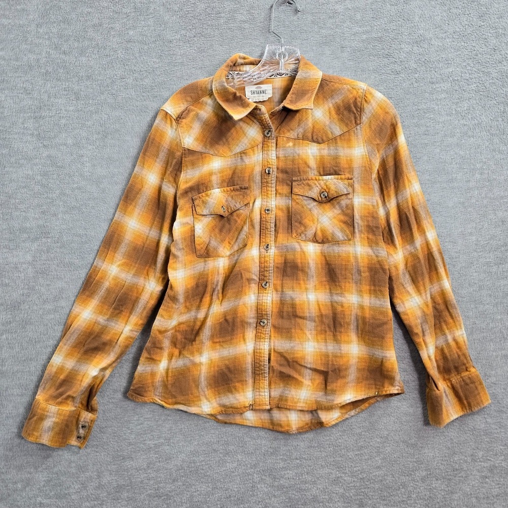 Shyanne Women Top Medium Orange Plaid Western Button Up Cargo Pockets READ
